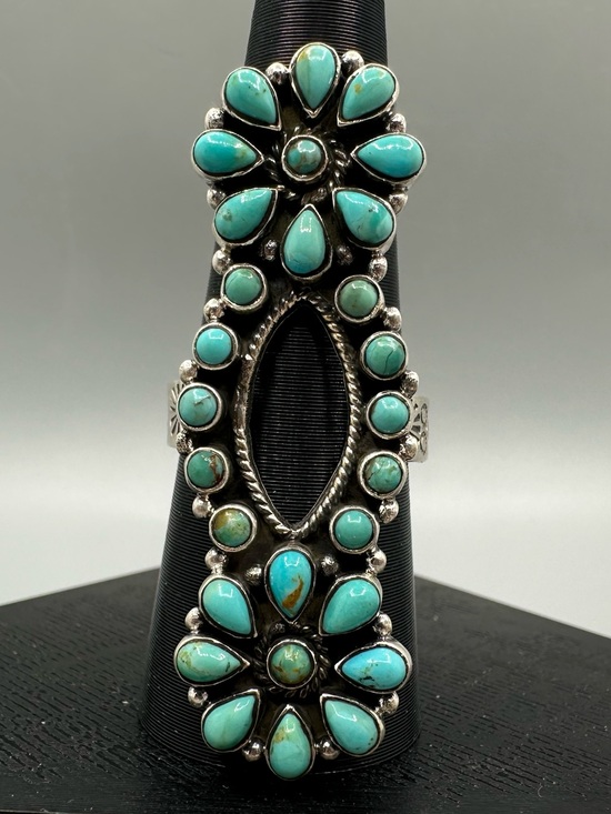 925 Sterling Silver Jewelry - Turquoise Matte Sterling Silver 925 Handmade Adjustable Crawler Cluster Ring